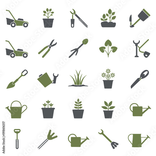 Gardening tools and plants icons set for web and mobile application