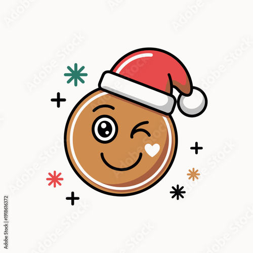 Gingerbread cookie wearing santa hat with festive decorations