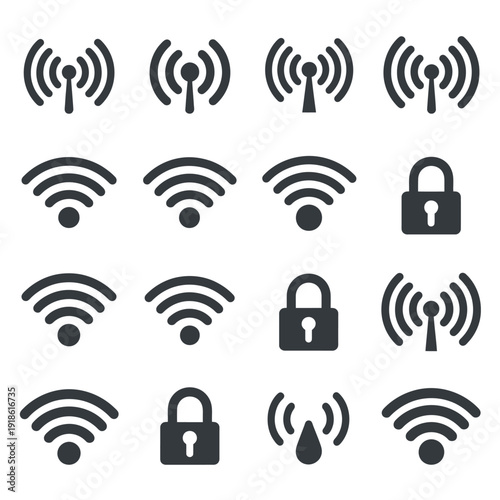 Collection of wi fi and lock icons in dark gray on white background