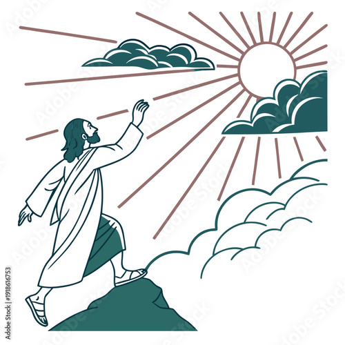 Resurrection of Jesus Christ Scene at Sunrise with Empty Tomb, Flat Vector Illustration of the Risen Savior