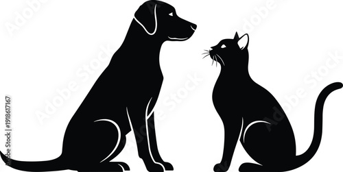 Dog and cat silhouettes sitting face to face, symbolizing friendship and harmony between pets, domestic animal vector illustration for veterinary, adoption, care branding