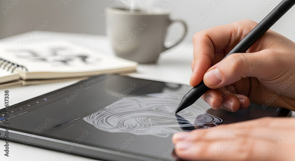 Fototapeta premium A close-up of a creative professional's hand using a high-precision stylus to draw a complex architectural illustration on a modern digital tablet.