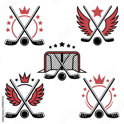 Hockey stick and puck logos with crown and wings