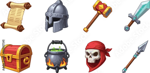 Fantasy Game Icons Set with Sword Helmet Treasure Chest and Magic Cauldron Vector Illustration Isolated on White Background for RPG Design