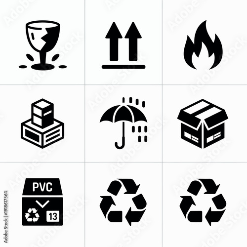 Collection of various black icons on white background