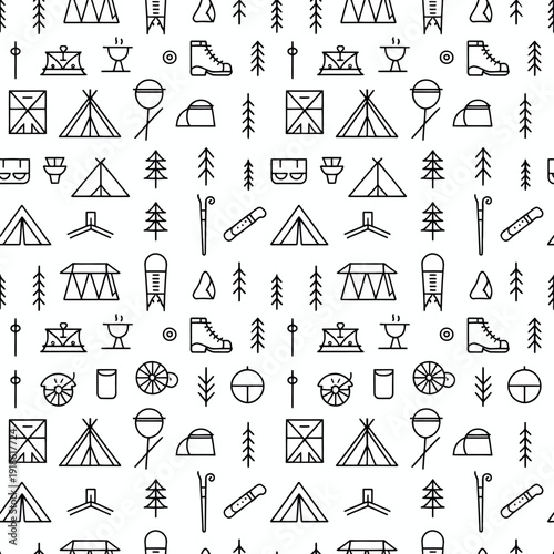 Camping essentials pattern with tents and outdoor gear