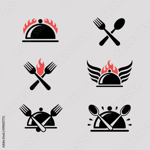Collection of food icons with utensils and flames