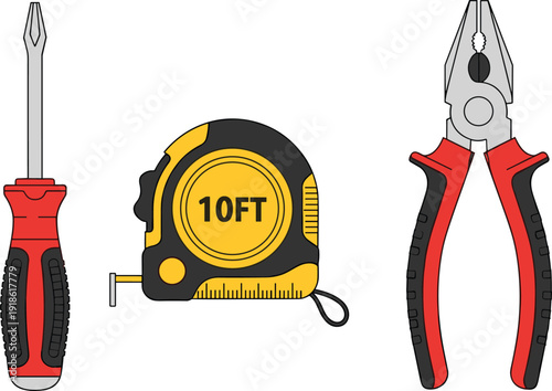 Flat vector illustration set of essential hand tools including a Phillips screwdriver yellow tape measure and pliers for home repair DIY and construction branding