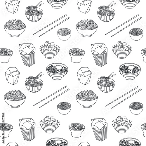 Assorted asian food icons in black and white