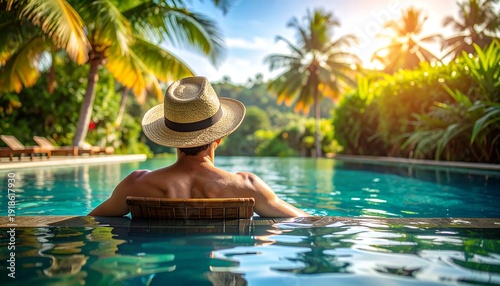A man in a hat relaxes in an infinity pool