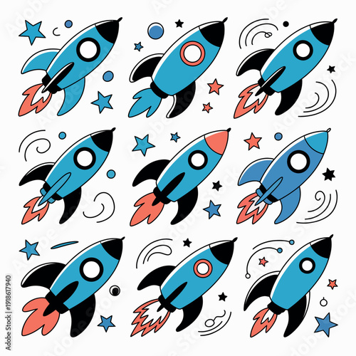 Blue rockets flying through space with stars and planets