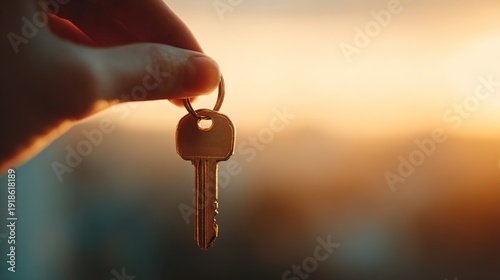 handover. Key handover moment with a single key held against a soft, warmly lit background. real-estate listings, architecture portfolios, designed for interior renovation comparisons for interiors.