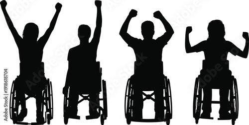 Black Silhouette of Diverse Group of People in Wheelchairs Raising Arms in Celebration and Success Isolated on White Background for Disability Inclusion Concept