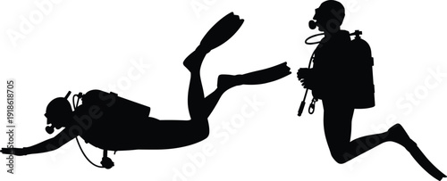 Black Silhouette of Two Scuba Divers with Full Gear and Oxygen Tanks Swimming in Clear Water Isolated on White Background for Underwater Diving Concept Art