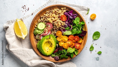 Top view of a colorful quinoa salad with mixed greens, cherry tomatoes, cucumber, avocado, and a lemon dressing, placed on a wooden plate, soft lighting, minimal background.