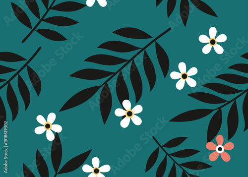 Black tropical leaves and white and coral flowers are scattered across a teal background in this high contrast botanical seamless pattern.