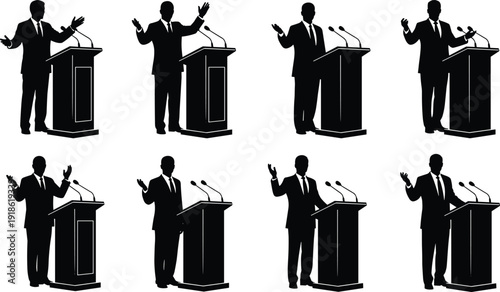 Collection of Professional Businessman Silhouettes Giving a Speech at a Podium with Microphones for Leadership Training Public Speaking Events and Political Campaigning Concepts
