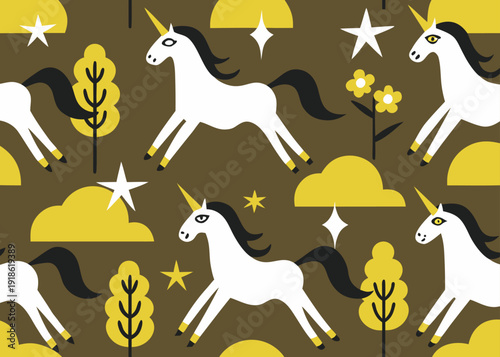 A hand drawn seamless pattern showing white unicorns with black manes and yellow horns galloping through a landscape of yellow trees and stars.