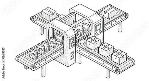 Automated Factory Production Line with Conveyor Belts and Packaging.