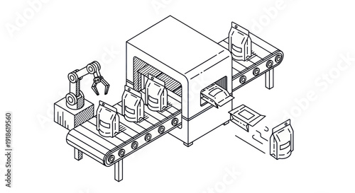 Automated factory production line with robotic arm packaging goods.