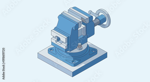 Blue swivel vise on a light gray base with a light blue background.