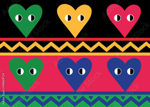 Rows of green, yellow, pink, and blue hearts with cartoonish eyes are separated by horizontal zig-zag lines and solid colored bands.