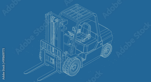 Blueprint style illustration of a forklift, industrial vehicle design.