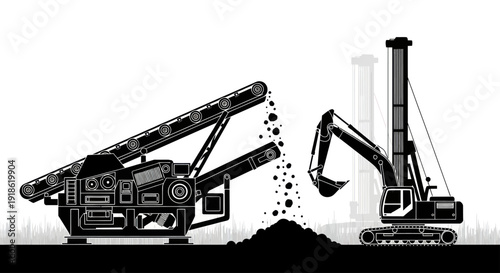 Construction machinery working on a site with excavator and conveyor belt.