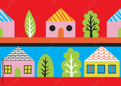 Two horizontal rows of colorful pink and yellow houses and green trees separated by orange and black stripes against red and blue backdrops.
