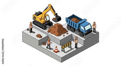 Construction Site with Excavator and Dump Truck Isometric View.
