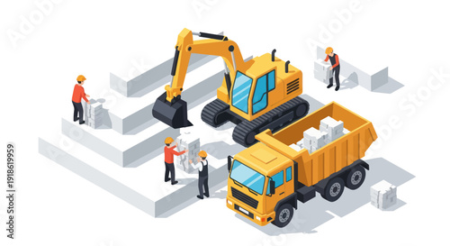 Construction site with excavator and dump truck loading materials.