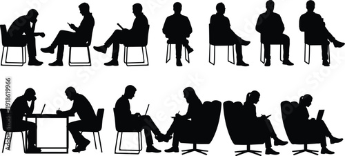 Large Set of Black Silhouettes Featuring People Sitting on Chairs Working on Laptops Reading and Writing for Office Waiting Room and Library Study Concepts