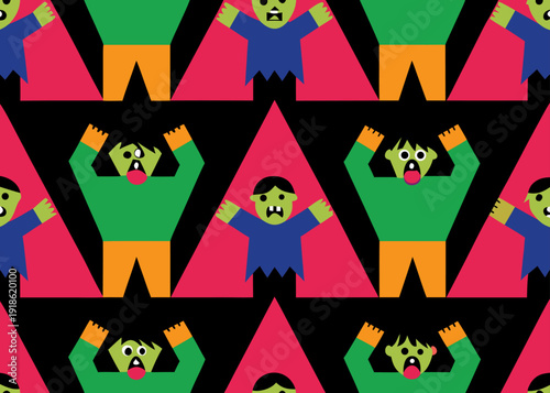 Stylized green cartoon zombies with expressive faces wearing colorful clothing are set against a black background with large pink triangles.