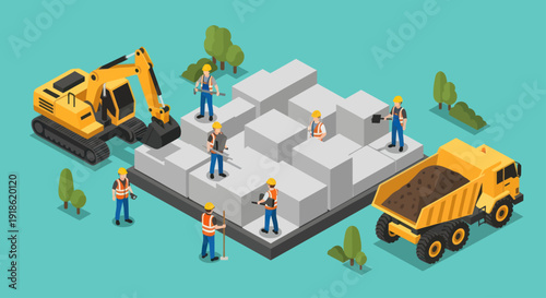 Construction site with workers excavators and dump trucks.