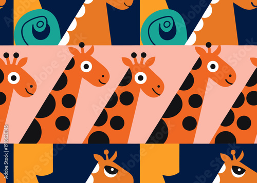 A horizontal sequence of orange spotted giraffes on a pink stripe is bordered by stylized turquoise chameleons on a dark blue background pattern.