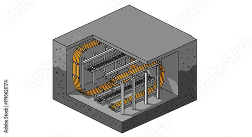 Cutaway view of a complex industrial machine inside a concrete structure.