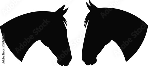 Minimalist horse head silhouettes facing inward, elegant equine symbol design in black vector style for ranch branding, equestrian logo, tattoo emblem isolated on white