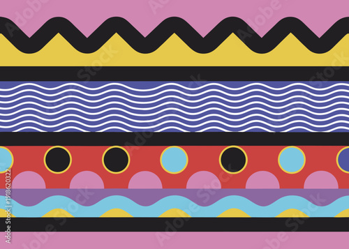 Horizontal bands of black zigzags white waves and colorful circles are arranged in rows across a bright pink and purple vector background.