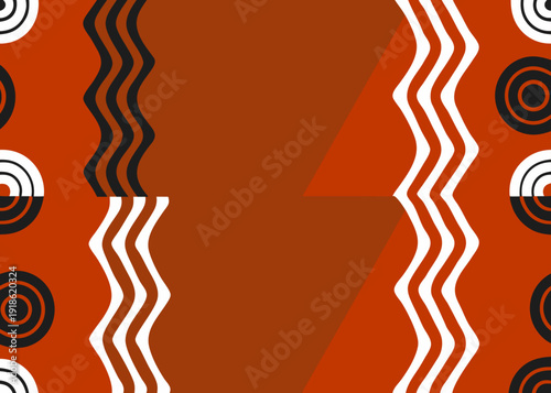A burnt orange background features vertical bands of black and white wavy lines alongside repeating semicircular patterns in a balanced composition.