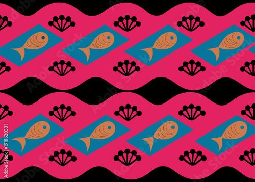 Orange fish on blue diamonds alternate with black floral motifs across pink horizontal wavy bands in this vibrant Mediterranean style vector pattern.