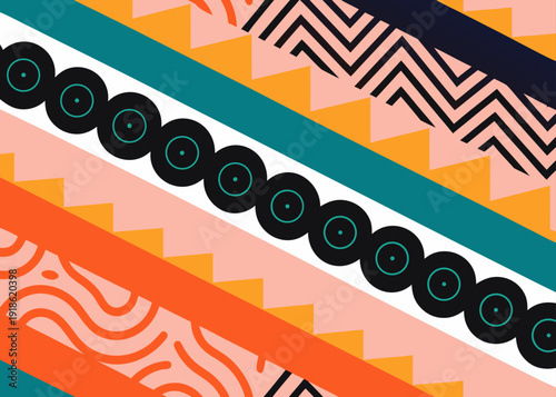 Zigzag lines and circular discs flow diagonally across a pink background.