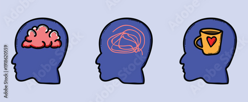 Mental Health Concept Brain, Stress And Self Care Icons Showing Confused, Overwhelmed And Calm Mind