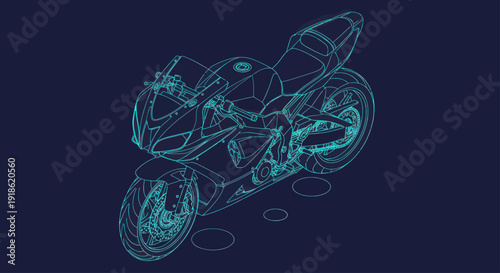 Futuristic Wireframe Motorcycle Design on Dark Background.