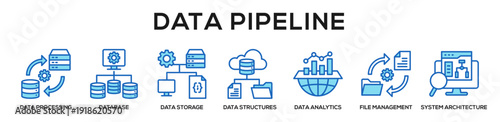 Blue - Data Pipeline web banner icon vector illustration concept for business with icon of Data Processing, Database , Data Storage, Data Structures, Data Analytics, File Management, System.