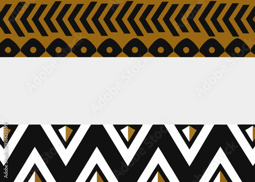 A horizontal tribal pattern featuring mustard yellow bands with black chevrons and eye shapes above a stark white center and black and white zigzag lines.