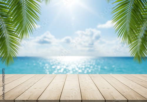 A serene beach scene with wooden planks and palm leaves under a bright blue sky