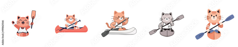 Obraz premium Cute Cats kayaking adventure paddling activities flat vector character collection