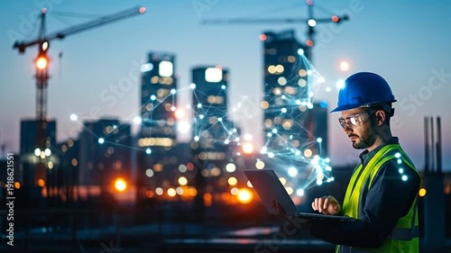 Architectural Blueprint: A dedicated engineer meticulously works on a laptop, orchestrating the design of a modern city at dusk.