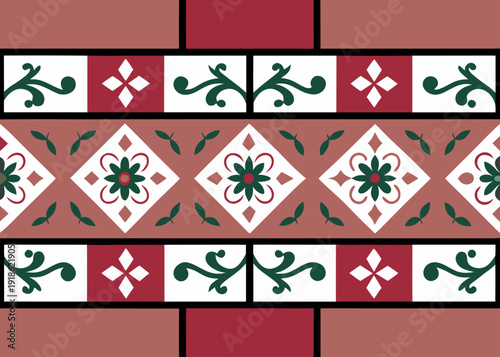 Seamless tile patterns show horizontal rows of white and red rectangles containing green floral scrolls and flower motifs separated by black lines.