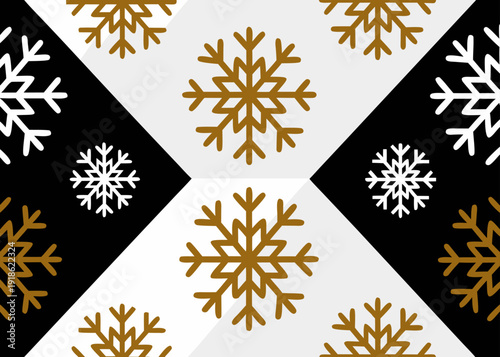Gold and white snowflakes decorate a black and white triangle pattern.